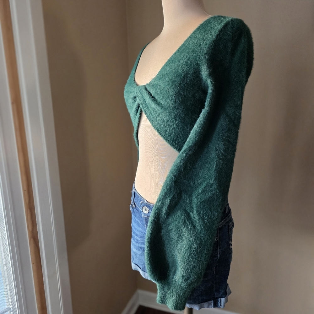 Shein Green Fuzzy Twist Front Crop Top Bishop Sleeves Size L